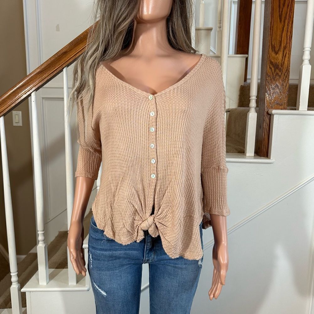 Oversized taupe waffle knit tie front top